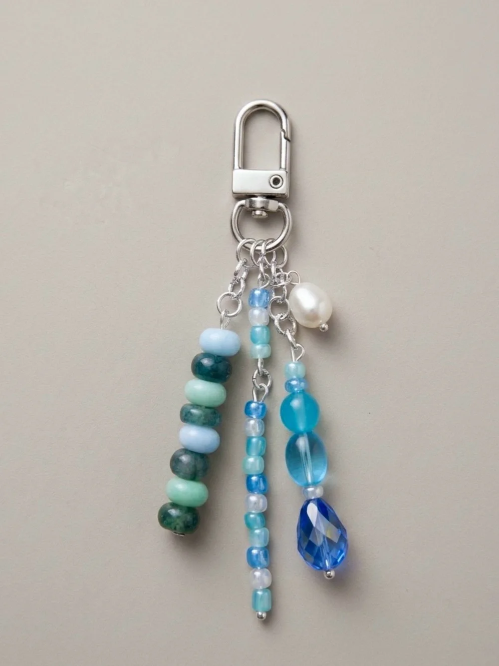 Blue Beaded Bag Charm Keychain with Real Pearl Accent and Silver Tones